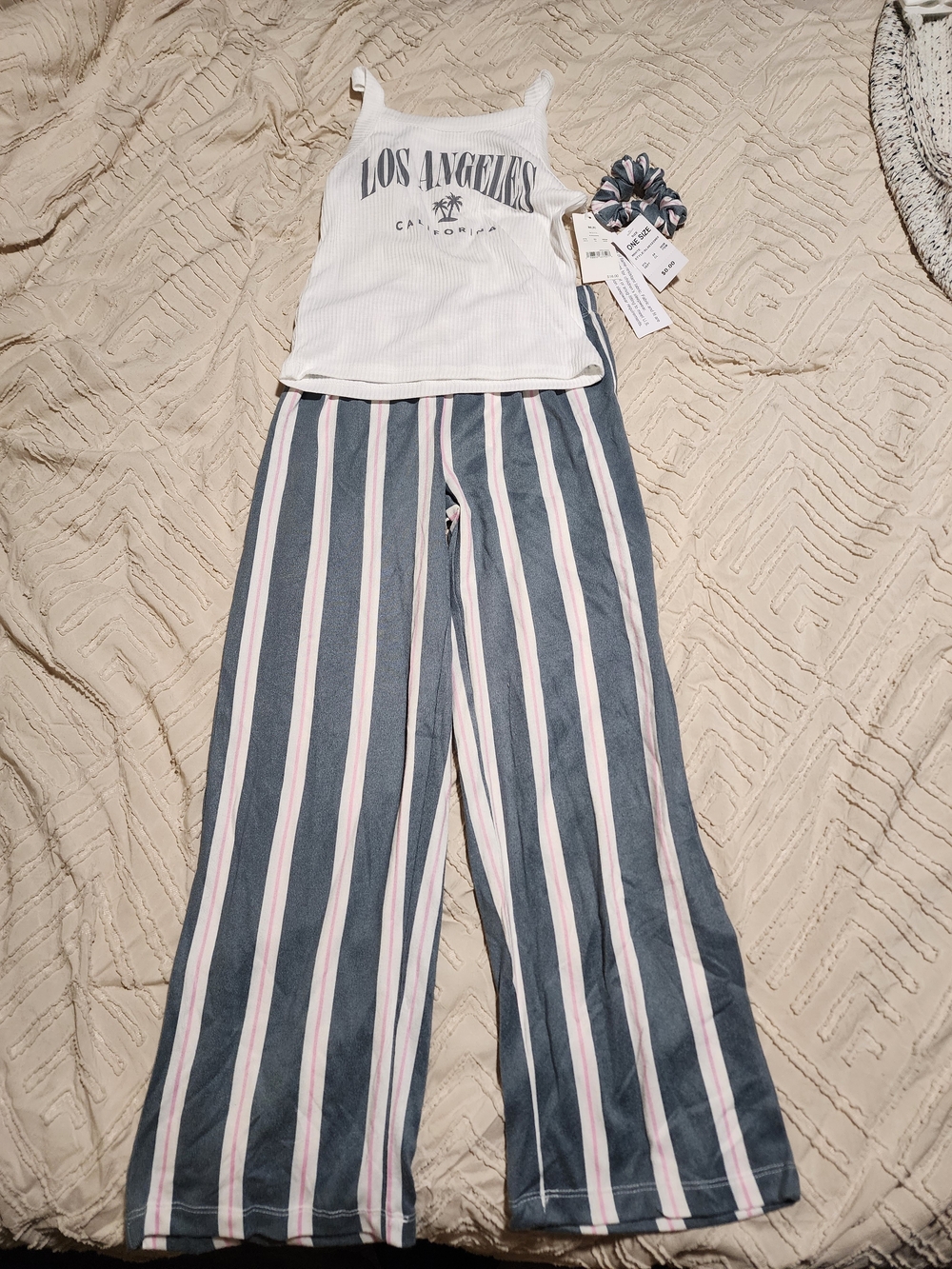 LPA White Ribbed Tank & Blue and Pink Striped Pajama Set Size XL (14)